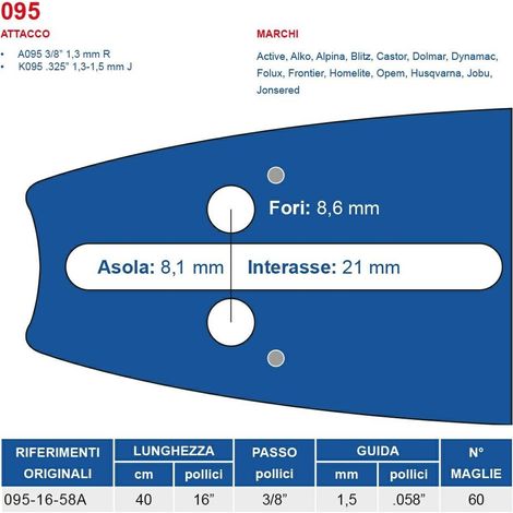 Barra motosega 40 cm - 16" passo 3/8", spessore 1.5 mm - .058" attacco 095, 60 maglie 452732