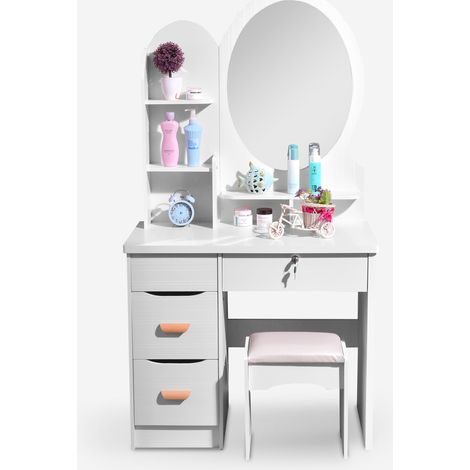 Mobile postazione trucco specchio rotondo sgabello camera da letto Babette