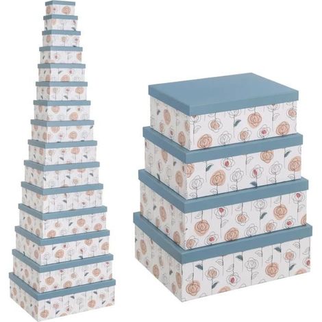 Boîte de rangement - JUANIO - Lot 15 pièces - Bleu - Motif floral - Empilables (1/4)