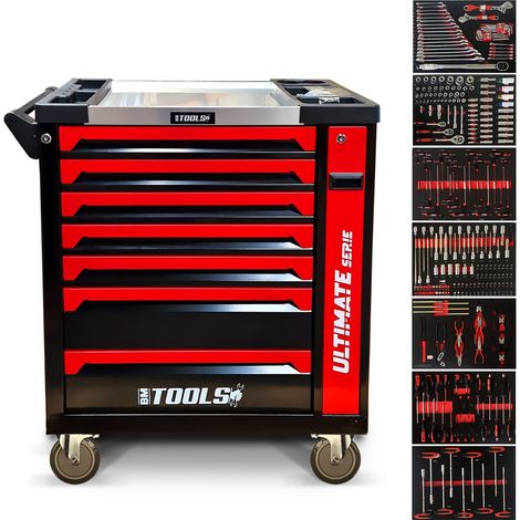 Servante d'atelier BM TOOLS 8-7-ULTIMATE-SERIE - 296 Outils haute qualité inclus, 7/8 tiroirs pleins, Chariot TOOLS, Clé Dynamo