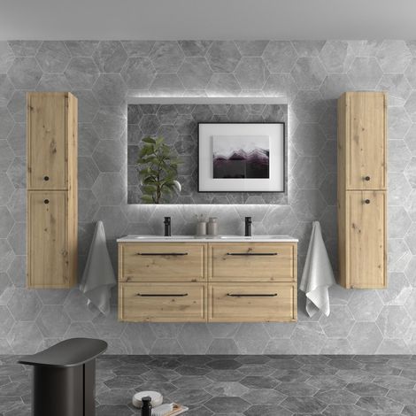 Mueble de Baño RUNA 120cm Roble 4 cajones Lavabo 2 pozas Porcelana (1/5)