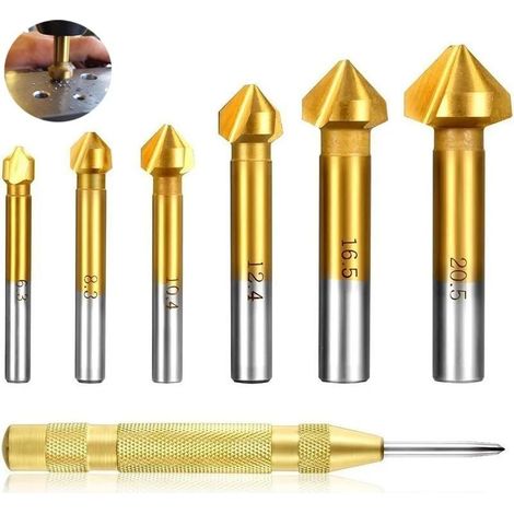 6er-Set 90°-Bohrer – HSS-Stahl mit Titanbeschichtung – Durchmesser 6,3–20,5 mm – Messing-Zentrierdorn – Für Stahl, Aluminium und PVC (1/5)