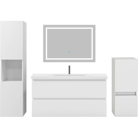 Acezanble Ensemble meubles Salle De Bain 100cm vasque + colonnex2 + miroir LED Blanc 5pcs (1/5)