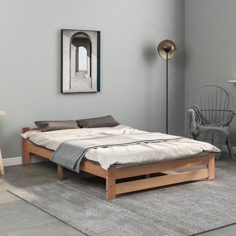 Lit futon en bois massif 140x200 cm, pin naturel, avec tête de lit, structure stable (1/5)