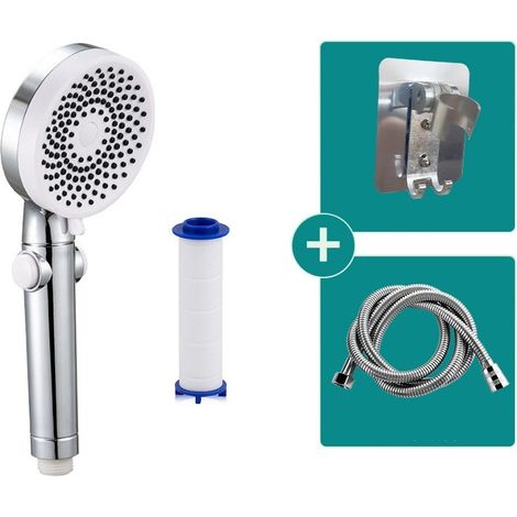 Pommeau de douche, pommeau de douche à pression, douche de salle de bain domestique, sortie d'eau à 3 vitesses (douche blanche + élément filtrant + flexible de douche + support) (1/5)