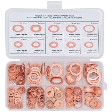 200Pcs Rondelles en Cuivre Assortiment Kit, 9 Tailles, M5 à M14, Assortiment de Joint Rondelle Plate en Laiton, pour Bagues d'Étanchéité et Joint de Bouchon de Vidange (1/4)