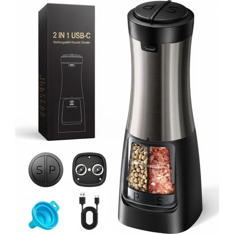 2 in 1 USB Rechargeable Electric Salt Pepper Mill Adjustable Coarseness, One-Hand Op, LED Light (1/5)