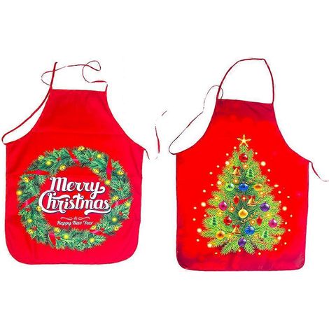 Lot de 2 tabliers rouges de Noël pour adultes, décorations de cuisine de Noël (motif couronne, motif sapin de Noël)-80x60cm-Red (1/3)