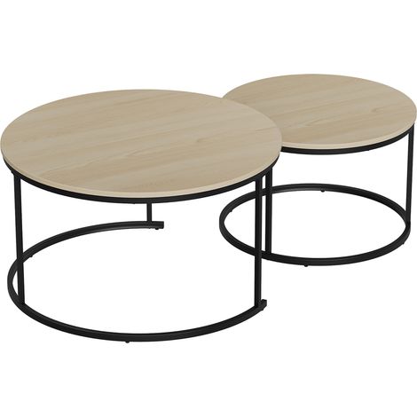 Set de 2 mesas de centro redondas encajables con chapa de roble y estructura metálica negra, 80 cm (1/5)