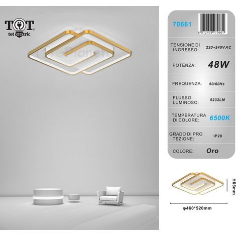 Plafoniera led 48w quadrata spirale vortice oro lampadario da soffitto moderno luce fredda naturale Bianco freddo