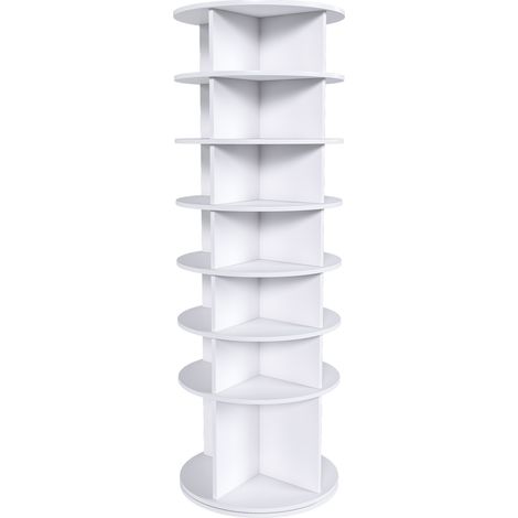 Tour à chaussures pivotante à 7 niveaux – porte-chaussures pivotant à 360°, sur pied, peu encombrant, jusqu’à 28 paires de chaussures, base surélevée pour bottes, blanc (60 × 60 × 184 cm)