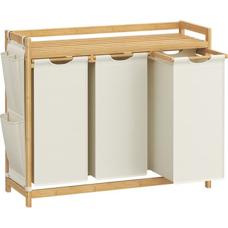 Songmics – Panier à linge en bambou 3 compartiments – Capacité 150 L – Étagère et poches latérales – Dimensions 94 x 33 x 78 cm – Blanc crème