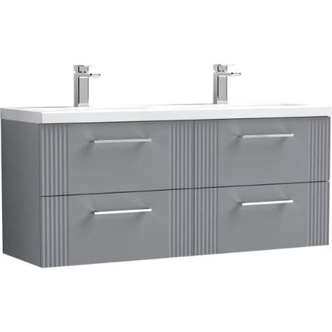 Nuie Deco Satin Grey 1200mm Wall Hung 4 Drawer Vanity Unit and Double Ceramic Basins - DPF293F (1/4)