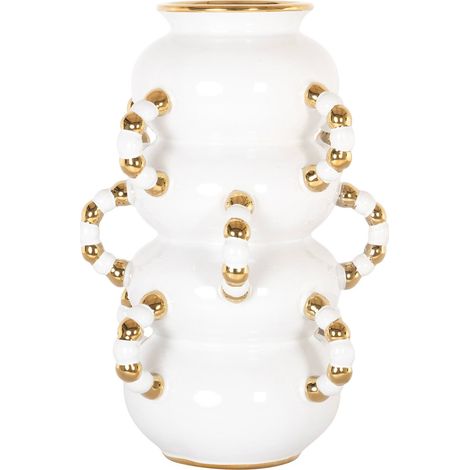 Vase décoratif blanc mat design sculptural en grès élégant - Blanc mat avec détails dorés (1/5)