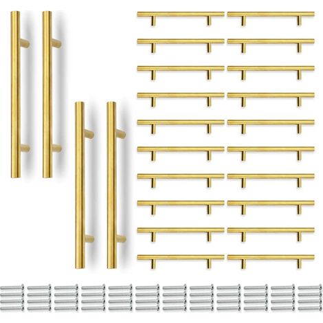 24 maniglie a T dorate da 200 mm (interasse fori 128 mm) per mobili da cucina, in acciaio inossidabile, per armadi, cassetti e credenze. (1/4)