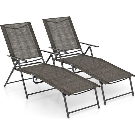 2 Piece Patio Folding Chaise Lounge Chairs Recliner with 6-Level Backrest-Coffee (1/5)