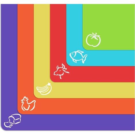 Tapis de planche à découper en plastique souple extra épais avec icônes alimentaires et dos gaufré (lot de 6), lavable au lave-vaisselle, couleur vibrante (1/5)