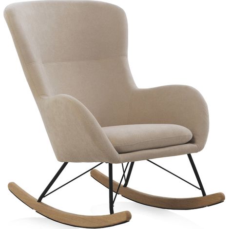 Fauteuil à bascule tapissé beige pieds métal et bois - beige naturel et bois clair (1/5)