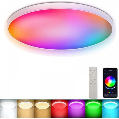 Plafonnier LED intelligent avec Télécommande, 24W 30cm 2400LM 2700-6500K Syn Multiple Couleur APP Musique Température de Couleur Luminosité Dimmable Timer pour Chambre à coucher Salon Party Festival (1/5)