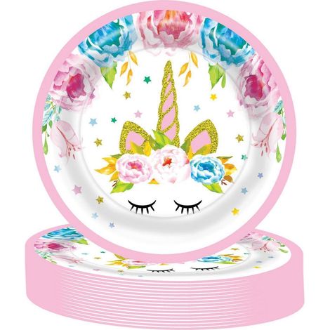 16x Einhorn Pappteller 17,8cm Rosa für Kindergeburtstag & Babyshower