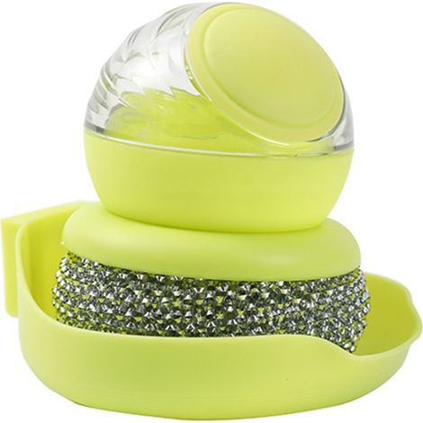 Brosse à récurer inox avec poignée ergonomique, tête rotative 360° et réservoir intégré pour liquide vaisselle, idéale pour casseroles et poêles, couleur verte (1/5)
