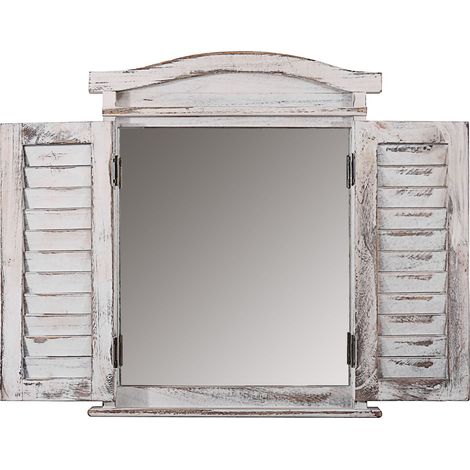 Décoshop26 – Miroir mural fenêtre avec volets en bois blanc vieilli 53x42x5cm – Charnières métal aspect laiton – 40005485