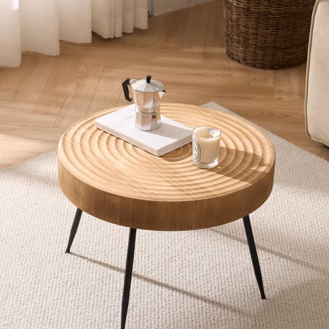 Table d'appoint ronde en bois, design linéaire, ø60×42 cm, pieds en métal noir, meuble style campagne moderne (1/5)