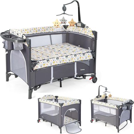 COSTWAY 5 en 1 Cuna de Viaje para Bebé con Colchón, Parque Infantil para Bebés con Cambiador de Pañales, Caja de Música y Juguetes Colgantes, Cuna Bebe con Bolsa de Almacenamiento (Gris) (1/5)