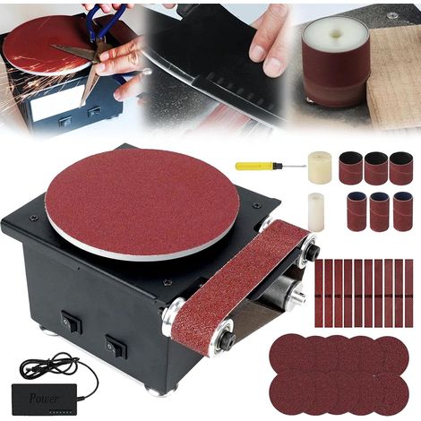 Ponceuse à Bande, 350W Ponceuse à Disque à Bande Ponceuse à Disque Table Diamètre Disque Ponçage 150mm 10 Disques Papier Verre 10 Bandes Abrasives 2 Rouleaux 6 Bandes Abrasives Convient (1/5)