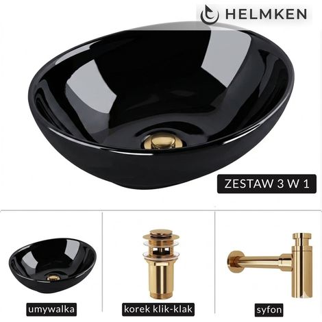 Lavabo de encimera Helmken 65241001 (41x34) Negro + Sifón dorado + Tapón de clic dorado (1/5)