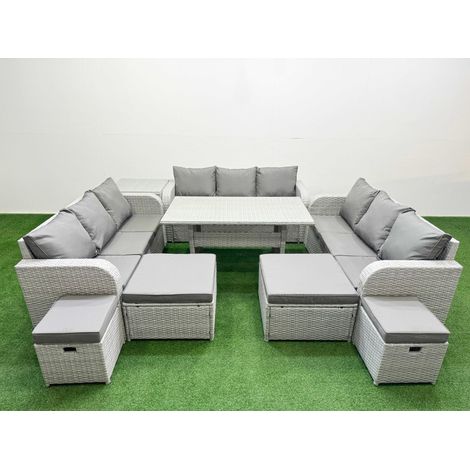 Fimous PE Rattan Lounge Sofa Set 10 Seater Outdoor Garden Furniture Set with Dining Table 3 Seater Sofa 2 Big Footstools Side Table Light Grey (1/4)