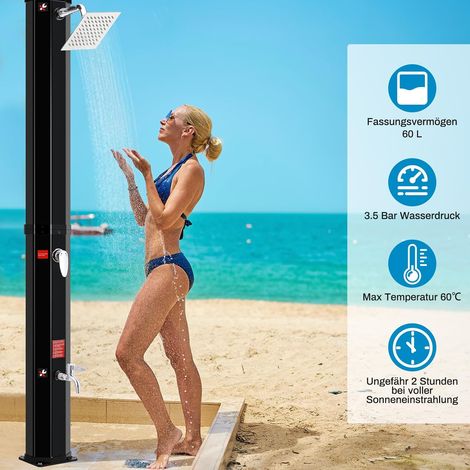 Doccia solare 60 litri 228cm, doccia da campeggio, doccia da piscina, doccia da giardino, doccia solare, con copertura di protezione, senza allacciamento elettrico, temperatura dell'acqua fino a 60°C