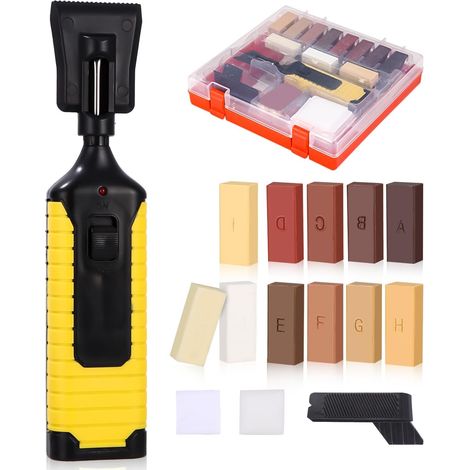 Kit Réparation Parquet et Carrelage, 17 Pièces Cire Dure Réparation, 11 Teintes Cire avec Stylo Électrique, Accessoires Complets pour Sol Stratifié, PVC, Vinyle, Bois et Meubles (1/5)