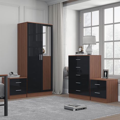 Reflect 2 Door Mirror Wardrobe, 5 Drawer Chest, 2x 2 Drawer Bedsides - Black Gloss & Walnut - Modern Bedroom Furniture Set