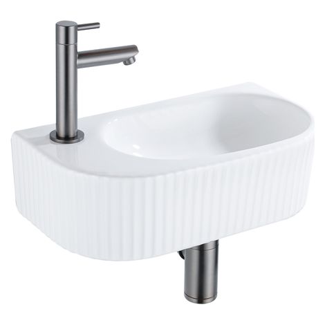 QeramiQ Fuente Ensemble de lavabo - 40x21.5x12cm - gauche - strié - demi-rond - 1 trou de robinet - céramique - robinet de lave-mains gunmetal - (1/5)