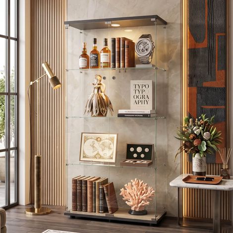 Creahappy Vitrine en Verre 4 Niveaux avec Éclairage LED 80x36x164 cm, Meuble d'Exposition 2 Portes Verre Trempé Salon Bureau, Noir (1/5)