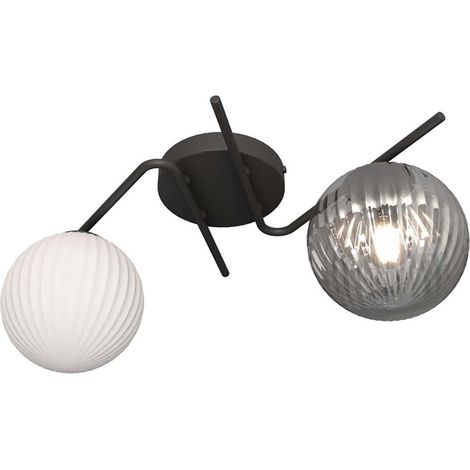 Plafoniera 2 Luci Vespa Acciaio Nero E Diffusori In Vetro Rigato Opale E Fumè
