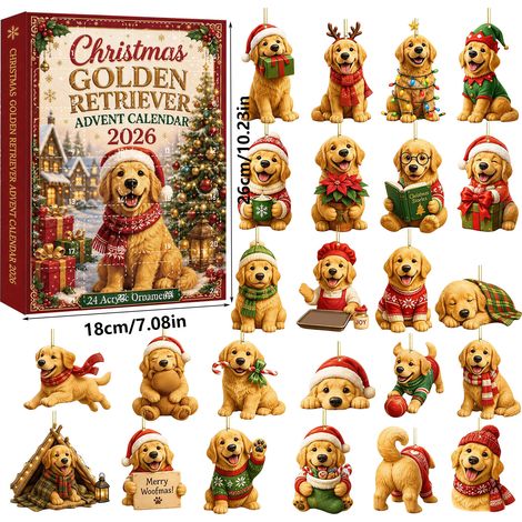 Calendrier de l'Avent Golden Retriever 2026 - 24 adorables ornements suspendus en acrylique 2D - figurines de chiens assorties pour décorer le sapin de Noël - cadeau festif pour les collectionneurs am (1/5)