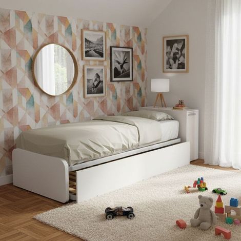 Letto singolo con secondo letto estraibile e testata testiera contenitiva - 80x190 - Bianco