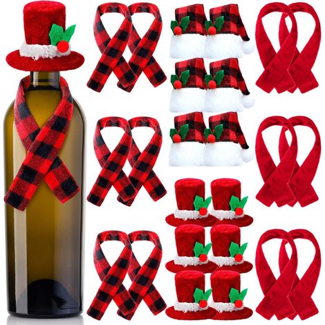 Ensemble de 24 décorations de Noël pour bouteilles de vin - Bonnets et écharpes de Père Noël à carreaux Buffalo, housses de bouteilles festives pour les fêtes de fin d'année et la décoration de table. (1/5)