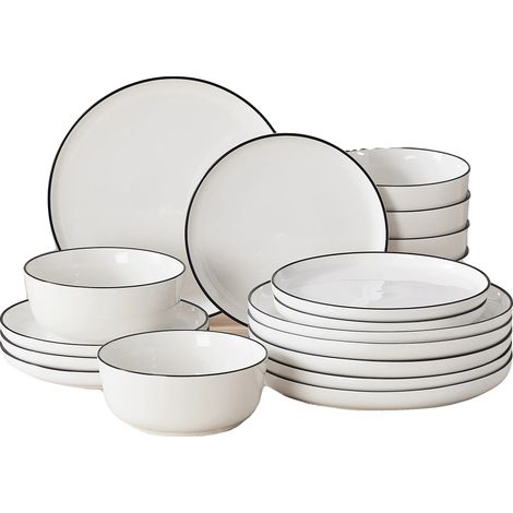 Juego de vajilla de porcelana, cerámica duradera, apta para microondas y lavavajillas, borde negro, 18 piezas. (1/2)