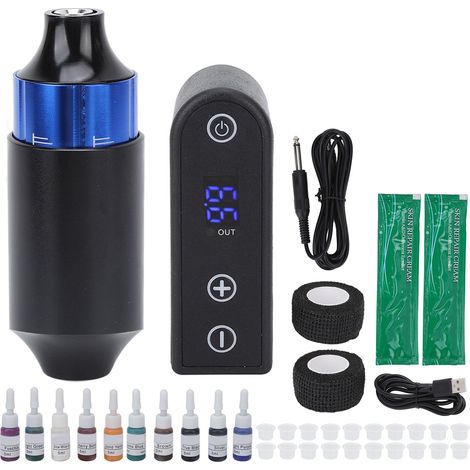 Kit de machine à tatouer sans fil bleu, bloc d’alimentation DC, clip cord, liner et shader, stylo rotatif rechargeable. (1/5)