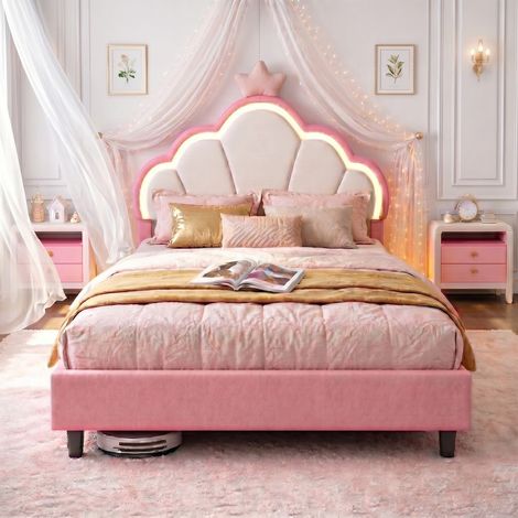 Lit enfant 90x200 cm, lit princesse rose avec couronne, Tête de lit rembourrée en velours, sommier à lattes, LED intégrées, Pour chambre fille