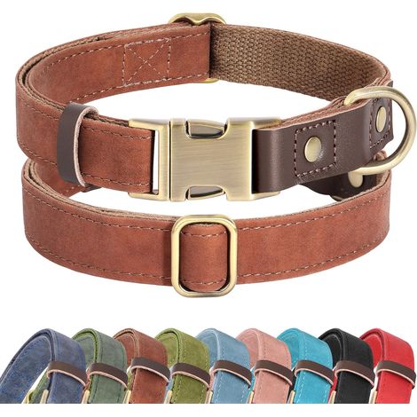 Collier pour chien en cuir rembourré souple pour grands chiens, collier classique robuste avec boucle en métal à dégagement rapide, collier réglable pour grands chiens, marron, taille L (1/5)