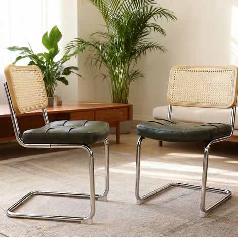 REDOM - Lot de 4 chaises de salle à manger, design cantilever empilable, structure chromée, rotin et similicuir verts (1/5)