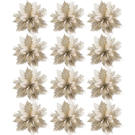 12 décorations de Noël scintillantes en forme de fleurs pour sapin, couronnes, guirlandes, fêtes et décorations de Noël (dorées) (1/5)