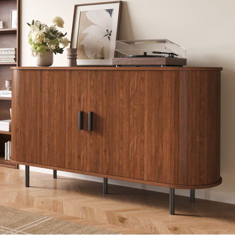 Credenza 140x40x75 cm con 2 ante scorrevoli scanalate, 4 scomparti, ripiani a giorno, noce (1/5)