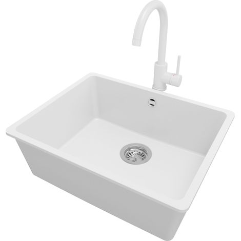 PRIMAGRAN Evier Sous Plan 56x44cm, Evier en Granit 1 bac + Robinet 32x20cm + Kit de Vidage, Évier au meuble 60cm - Venise Easy, Blanc (1/5)