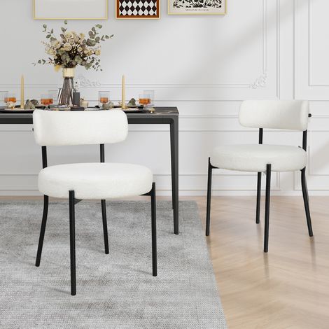 Puluomis – Chaise de salle à manger en velours – Lot de 2 chaises rembourrées en tissu Teddy – Pieds en métal noir – Design rétro moderne – Blanc (1/5)