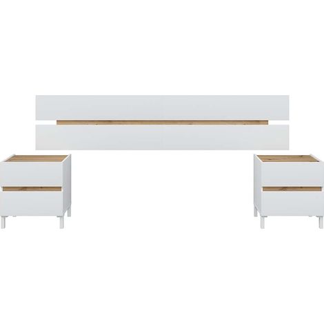 Tête de lit suspendue avec 2 tables de chevet à 2 tiroirs coloris Blanc/chêne - Longueur 216 x Hauteur 47 x Profondeur 3 cm (1/5)